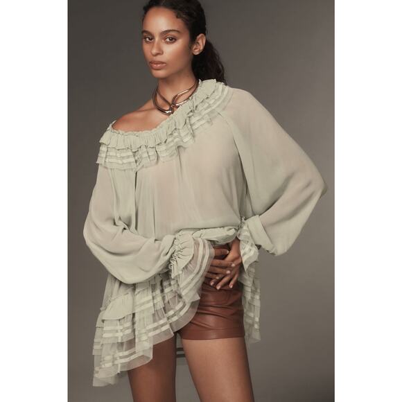 $128 NWT By Anthropologie Sheer Ruffle Ribbon Blouse size Small - Picture 3 of 7